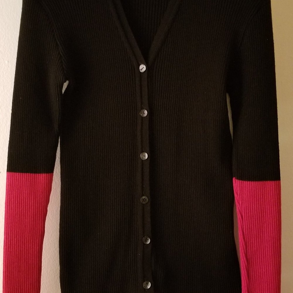 Paule Ka Women's Merino Wool Cardigan Sweater, Black / Red, Sz M, From $490, New
